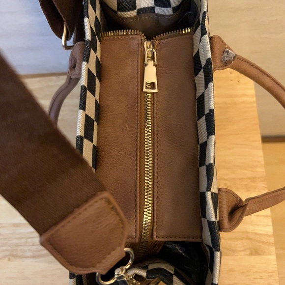 Elegant Canvas Checkered Crossbody with Top Handles Tan Leather - Picture 9 of 12